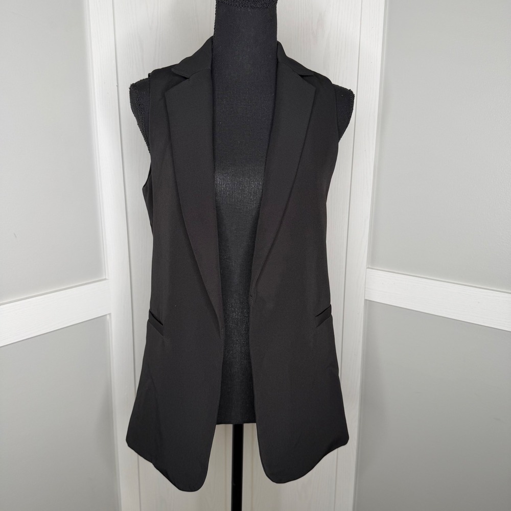 Michel Blazer Vest Women Small Black Sleeveless Open Front Longline 7961